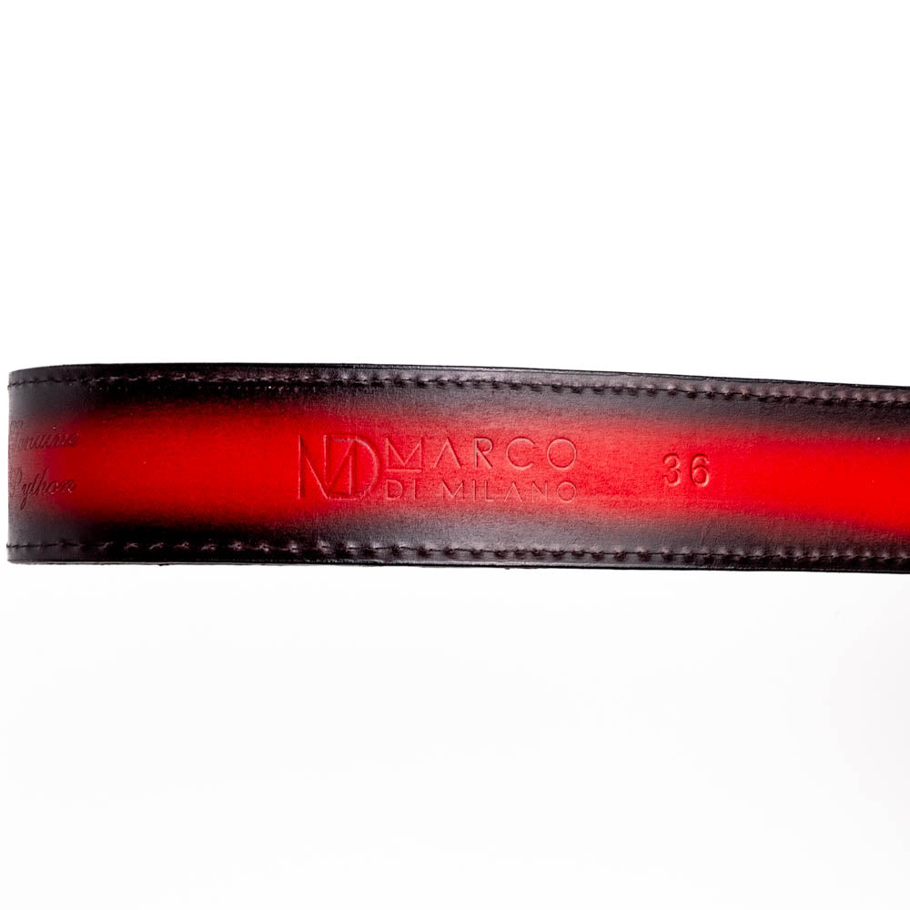 The Arkansas Belt BlackCherry by Marco Di Milano is a black and red genuine python skin western belt with a gold "MD" buckle on a white background.