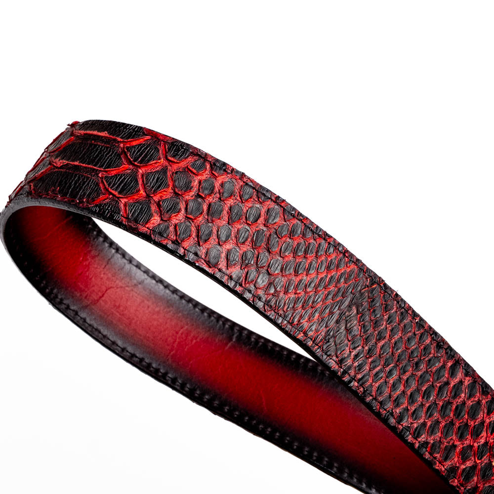 The Arkansas Belt BlackCherry by Marco Di Milano is a black and red genuine python skin western belt with a gold "MD" buckle on a white background.