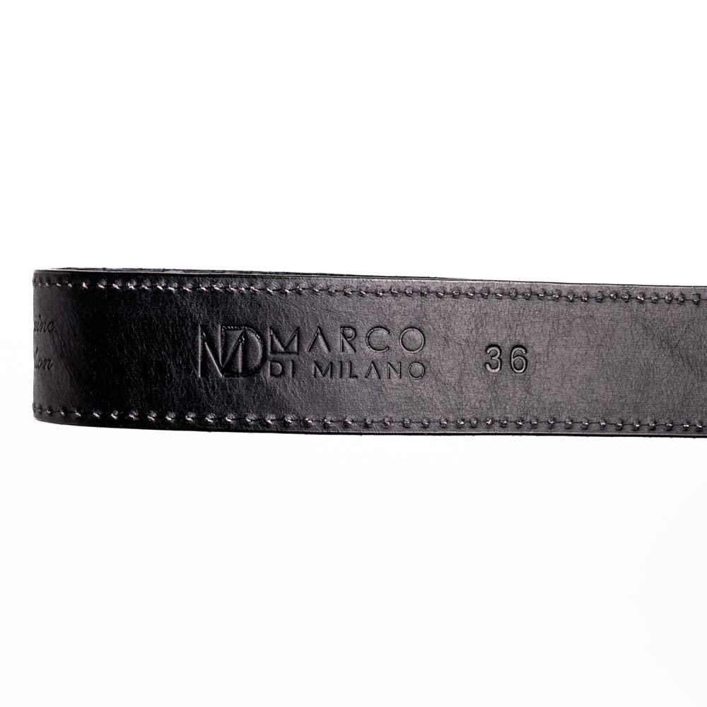 The Arkansas Belt Black by Marco Di Milano features textured black leather and a gold MD monogram buckle, shown coiled on a white background.