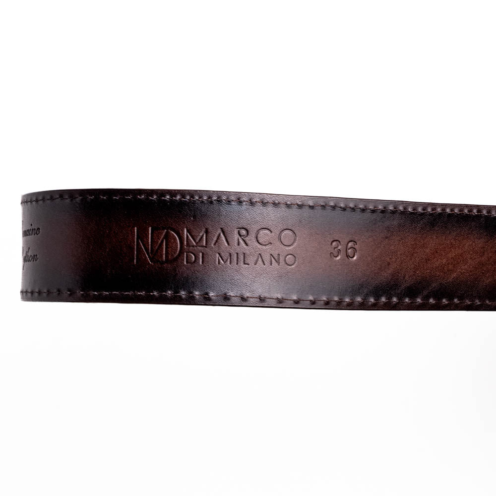 The Arkansas Belt Brown by Marco Di Milano is a handcrafted western accessory in genuine python skin, featuring a gold-tone buckle with overlapping "M" and "D" letters.