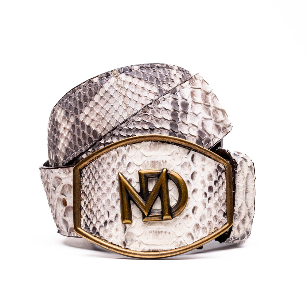 The Arkansas Belt Natural by Marco Di Milano is a handcrafted exotic accessory with a snakeskin pattern and a bold gold "MD" logo buckle at the center.