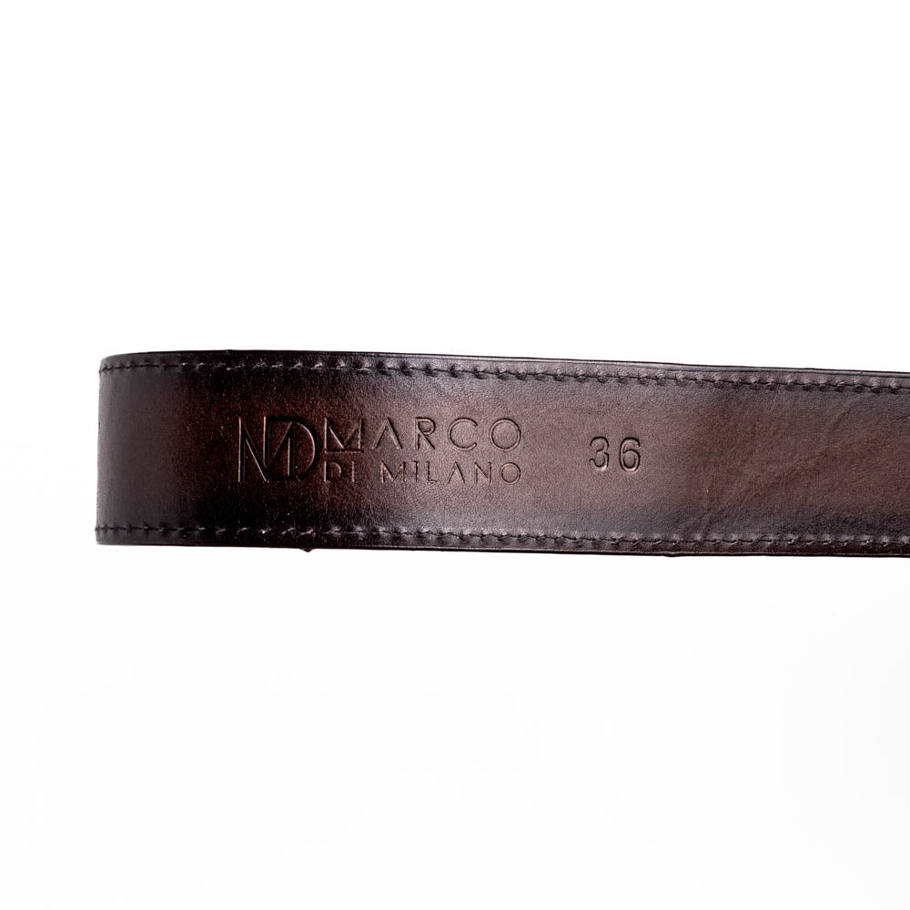 The Arkansas Belt Natural by Marco Di Milano is a handcrafted exotic accessory with a snakeskin pattern and a bold gold "MD" logo buckle at the center.