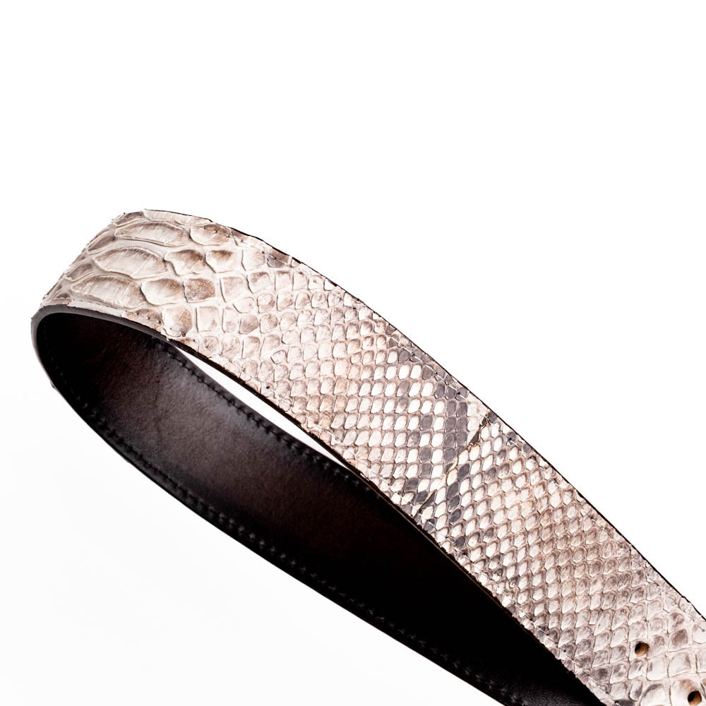 The Arkansas Belt Natural by Marco Di Milano is a handcrafted exotic accessory with a snakeskin pattern and a bold gold "MD" logo buckle at the center.