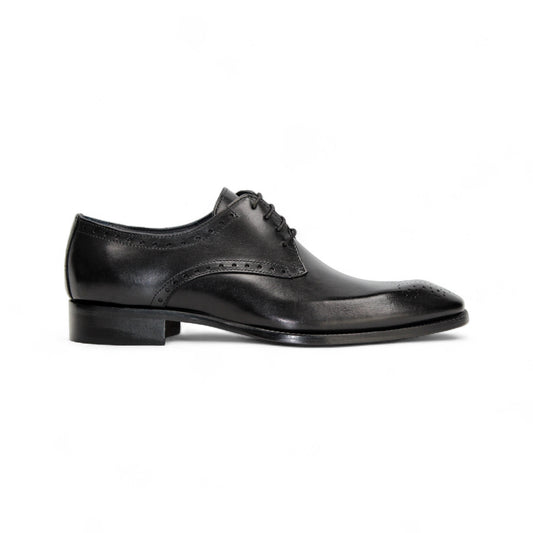 The Duca Di Matiste Duca Arpino Black is a black Italian leather dress shoe with a low heel, lace-up closure, and subtle brogue detailing, displayed in side profile on a white background.