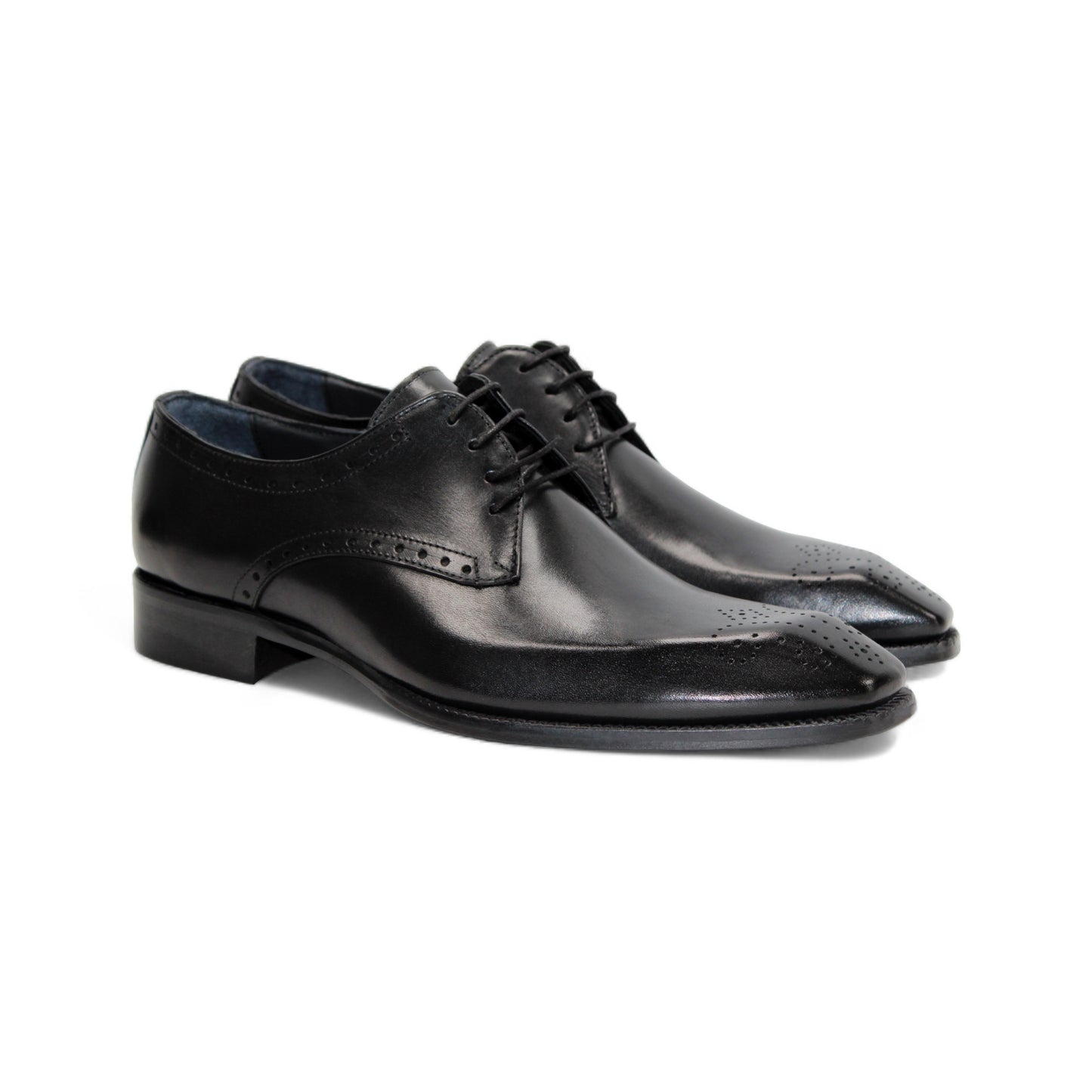 The Duca Di Matiste Duca Arpino Black is a black Italian leather dress shoe with a low heel, lace-up closure, and subtle brogue detailing, displayed in side profile on a white background.