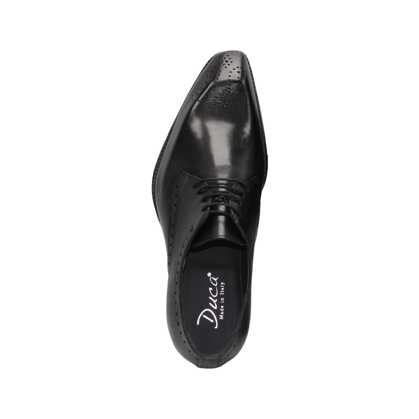 The Duca Di Matiste Duca Arpino Black is a black Italian leather dress shoe with a low heel, lace-up closure, and subtle brogue detailing, displayed in side profile on a white background.