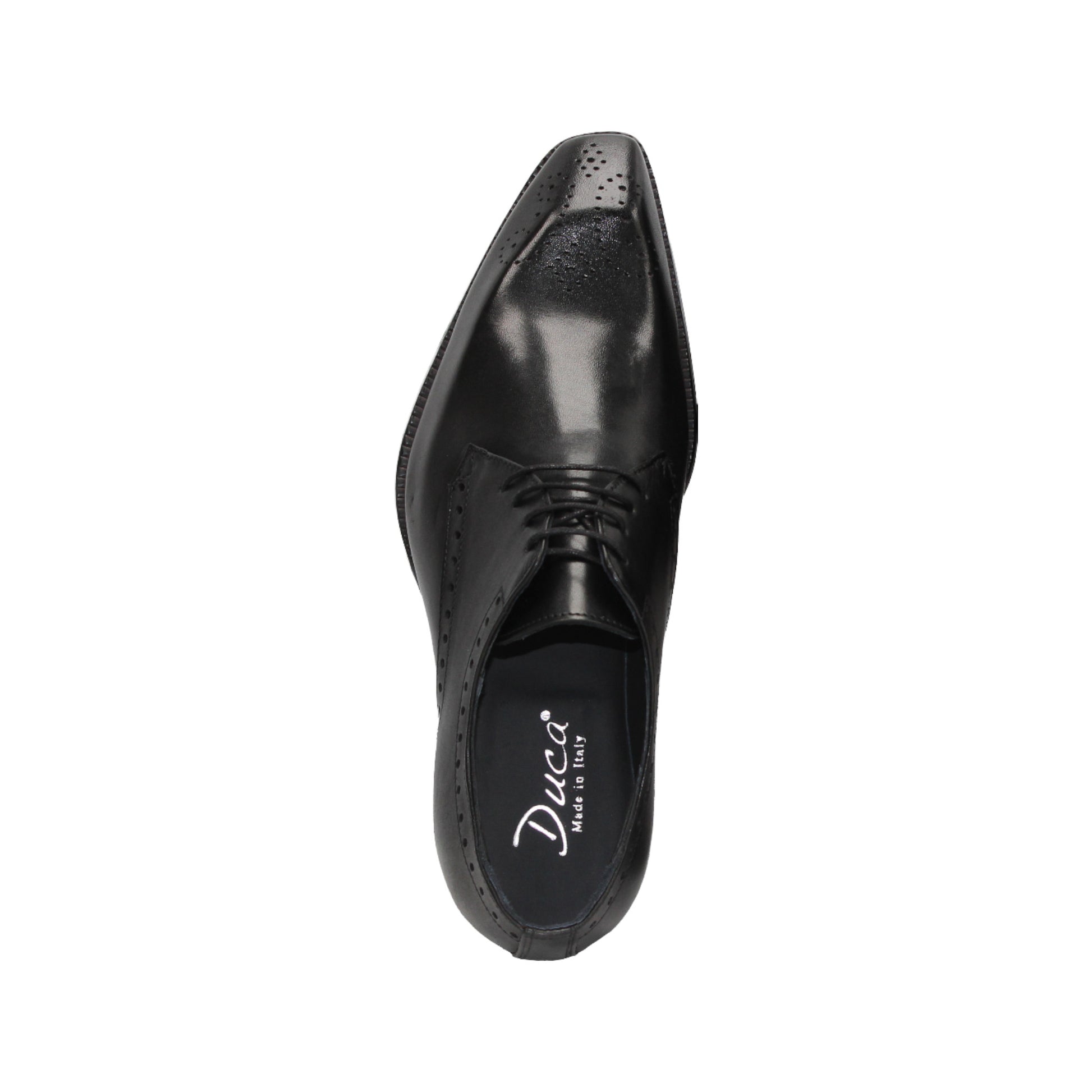 The Duca Di Matiste Duca Arpino Black is a black Italian leather dress shoe with a low heel, lace-up closure, and subtle brogue detailing, displayed in side profile on a white background.
