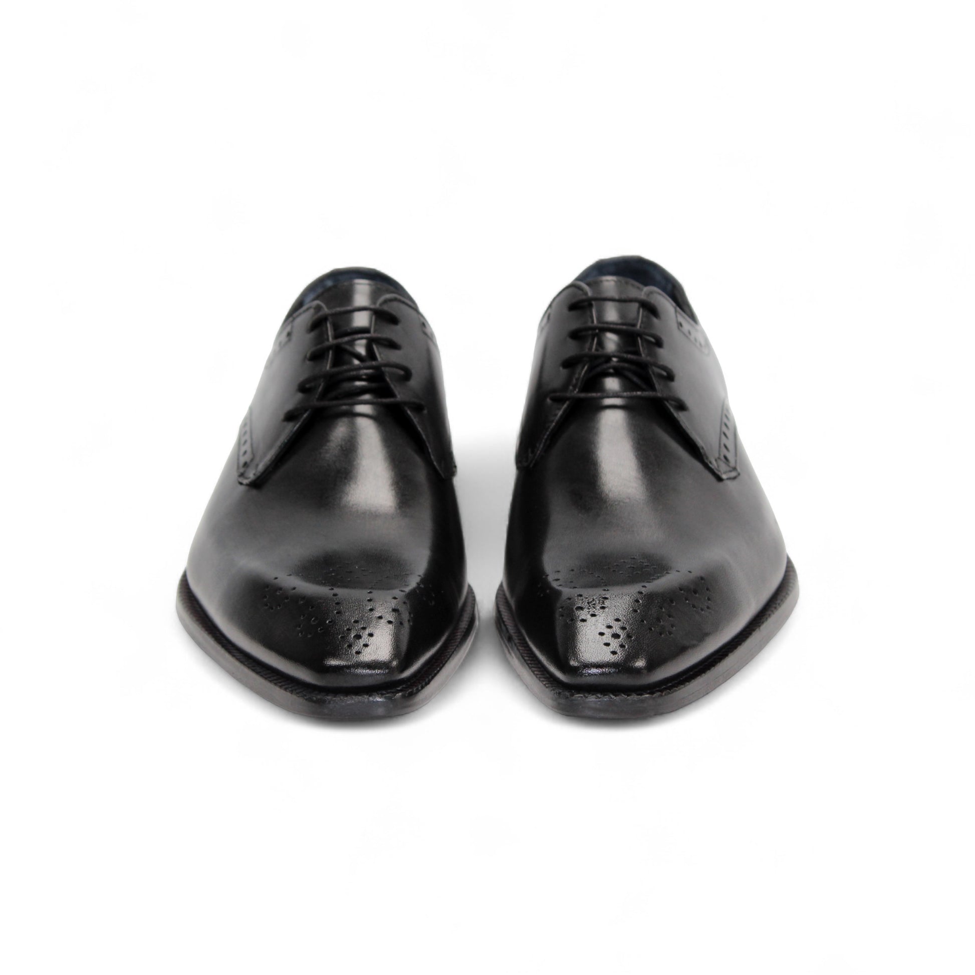 The Duca Di Matiste Duca Arpino Black is a black Italian leather dress shoe with a low heel, lace-up closure, and subtle brogue detailing, displayed in side profile on a white background.