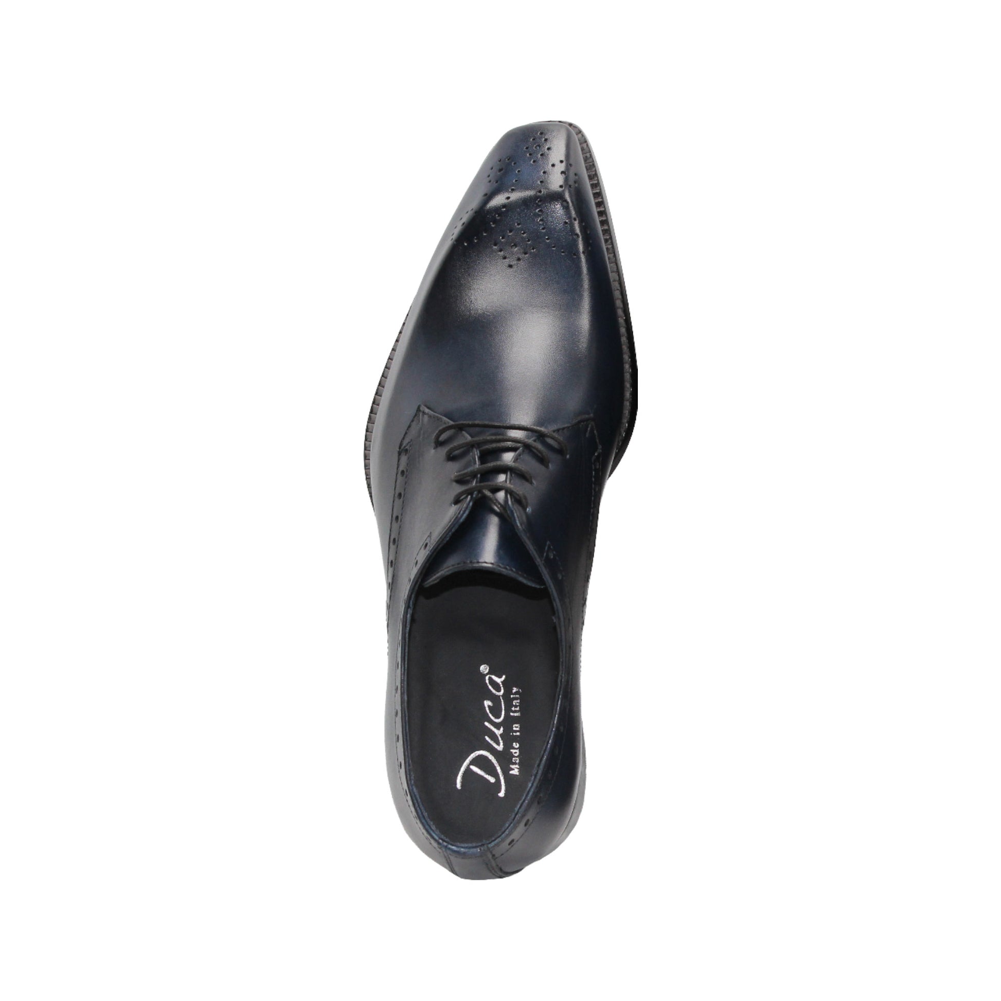 The Duca Arpino Navy by Duca Di Matiste is an Italian leather dress shoe in navy blue, featuring brogue details, a rounded toe, and a black sole, displayed in side profile against a white background.