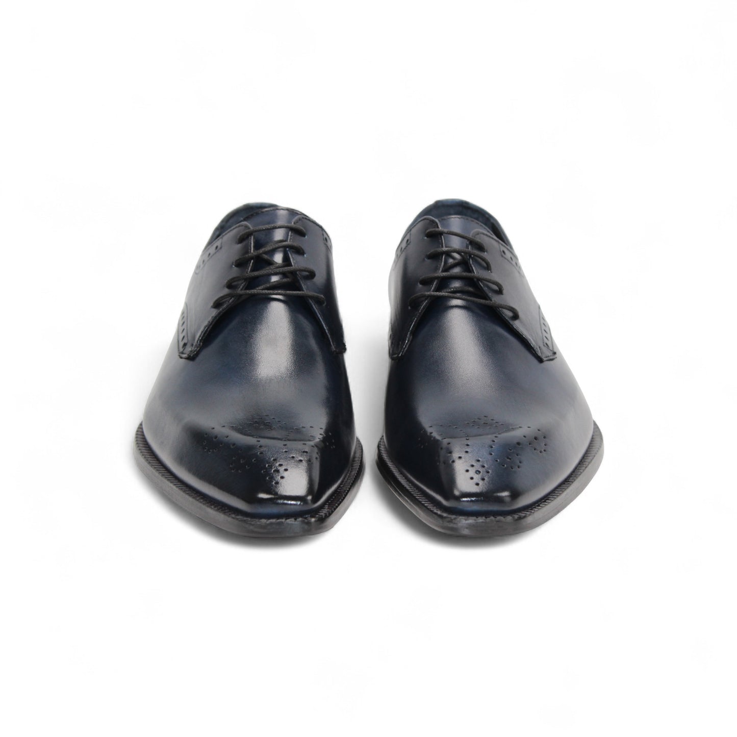 The Duca Arpino Navy by Duca Di Matiste is an Italian leather dress shoe in navy blue, featuring brogue details, a rounded toe, and a black sole, displayed in side profile against a white background.