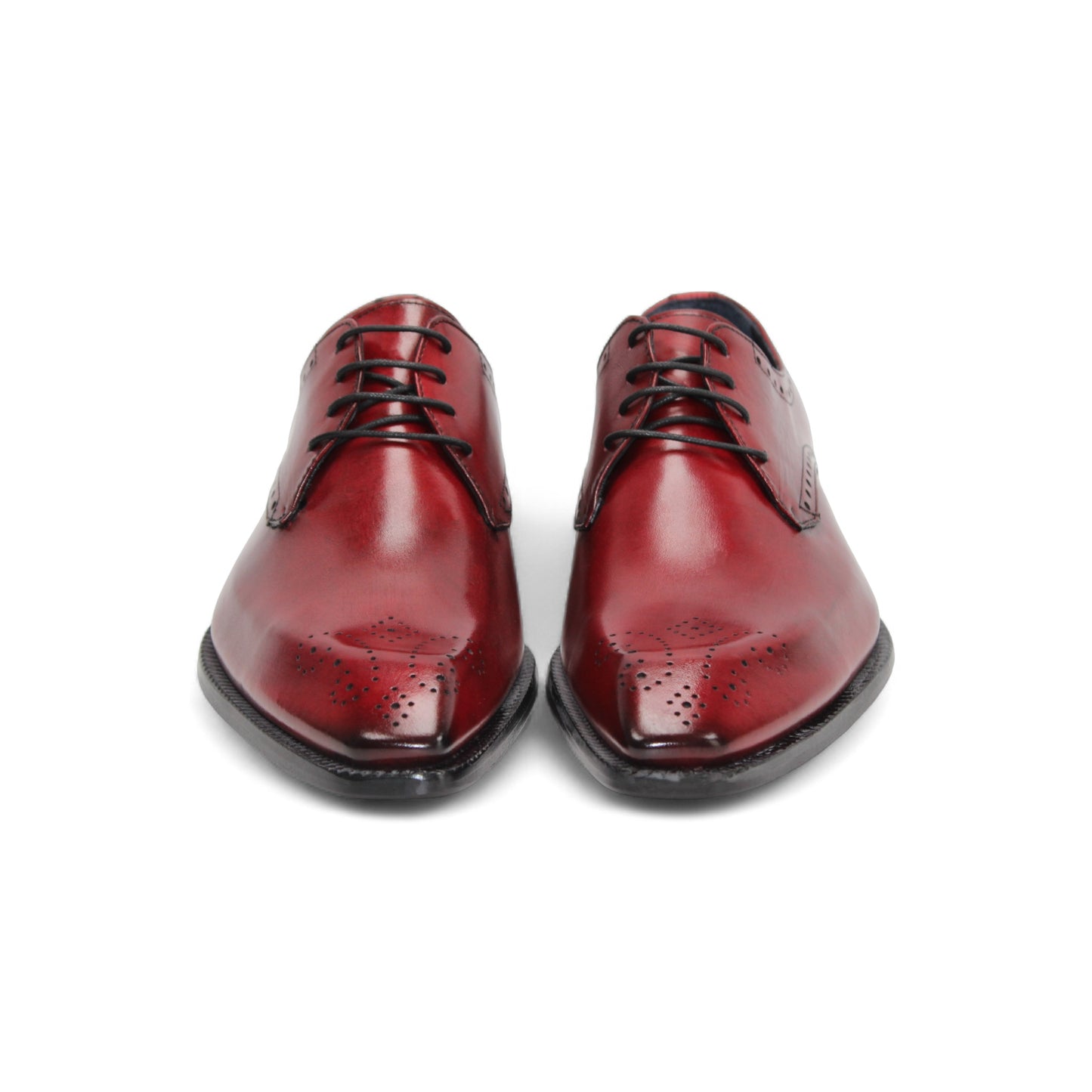A single Duca Arpino Red dress shoe by Duca Di Matiste, crafted from Italian leather with black decorative perforations and laces, shown in profile on a white background.