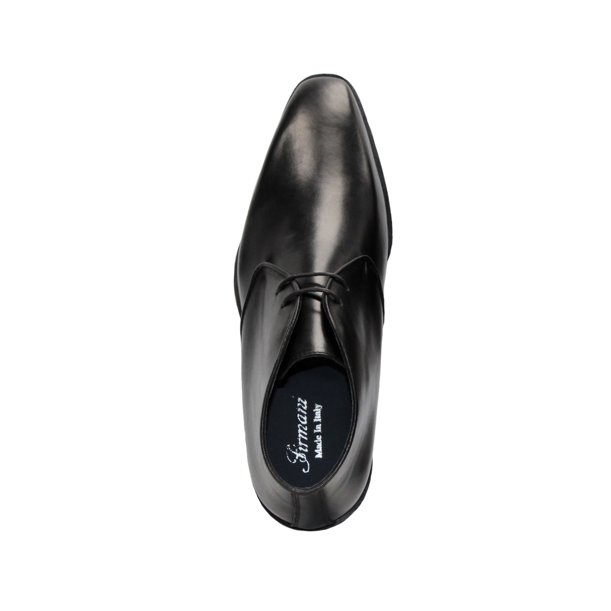 The Firmani Asher Black men's dress shoe by Firmani, made from genuine black leather with laces, is shown in a side view against a white background.