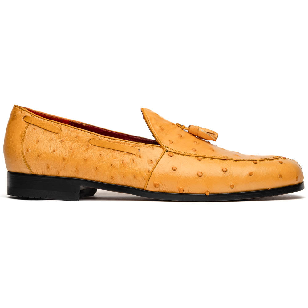 The Aubiere Buttercup by Marco Di Milano are yellow ostrich tassel loafers with red interior lining and branded leather soles, expertly crafted from genuine ostrich, presented against a white background.