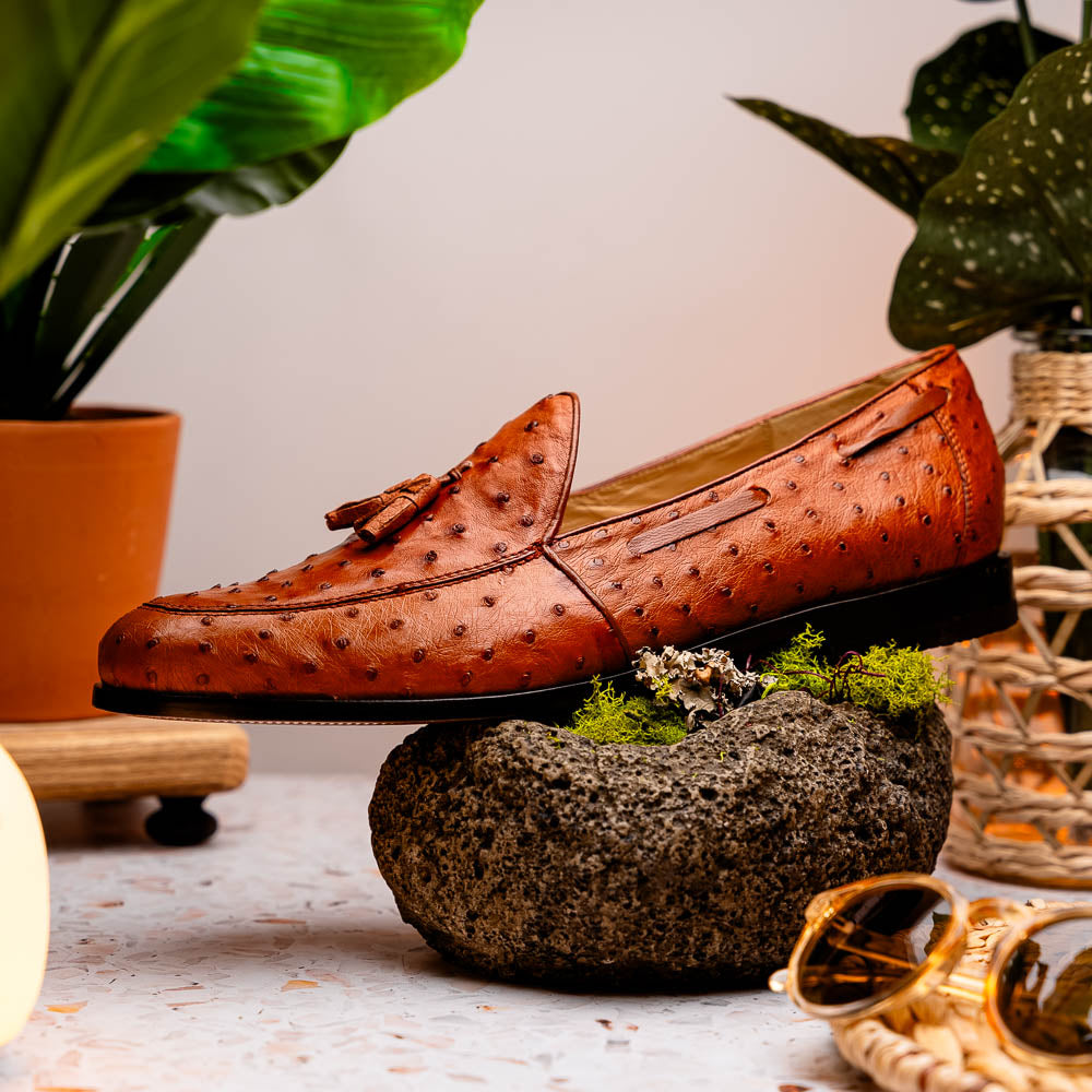 A pair of luxury men's footwear—Aubiere Cognac loafers by Marco Di Milano—boasts rich brown ostrich leather, with one shoe upright and the other on its side to reveal a sole stamped "Marco Di Milano.