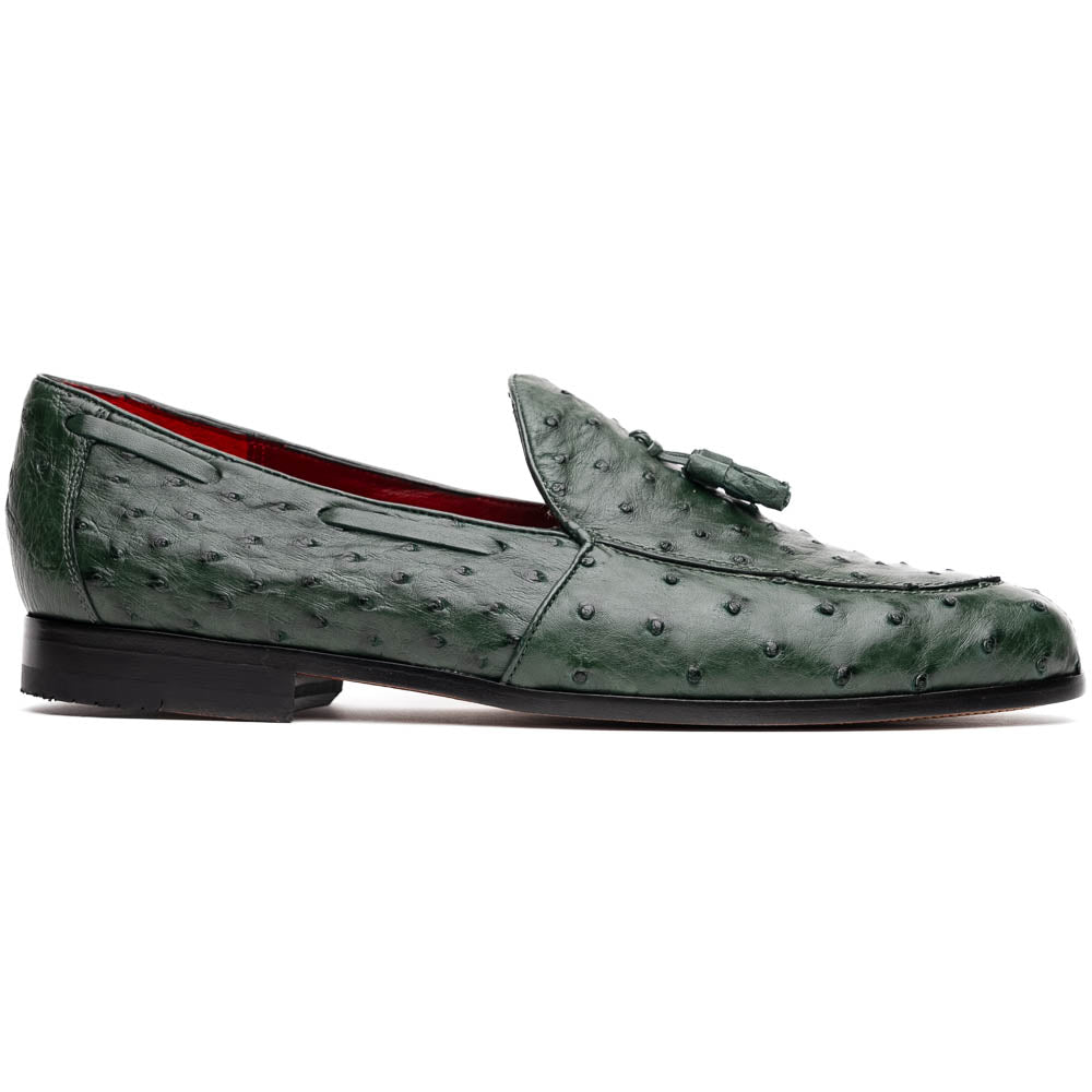 The Marco Di Milano Aubiere Forest Green features luxury ostrich tassel loafers with genuine quill texture, red interior lining, and tan leather soles.