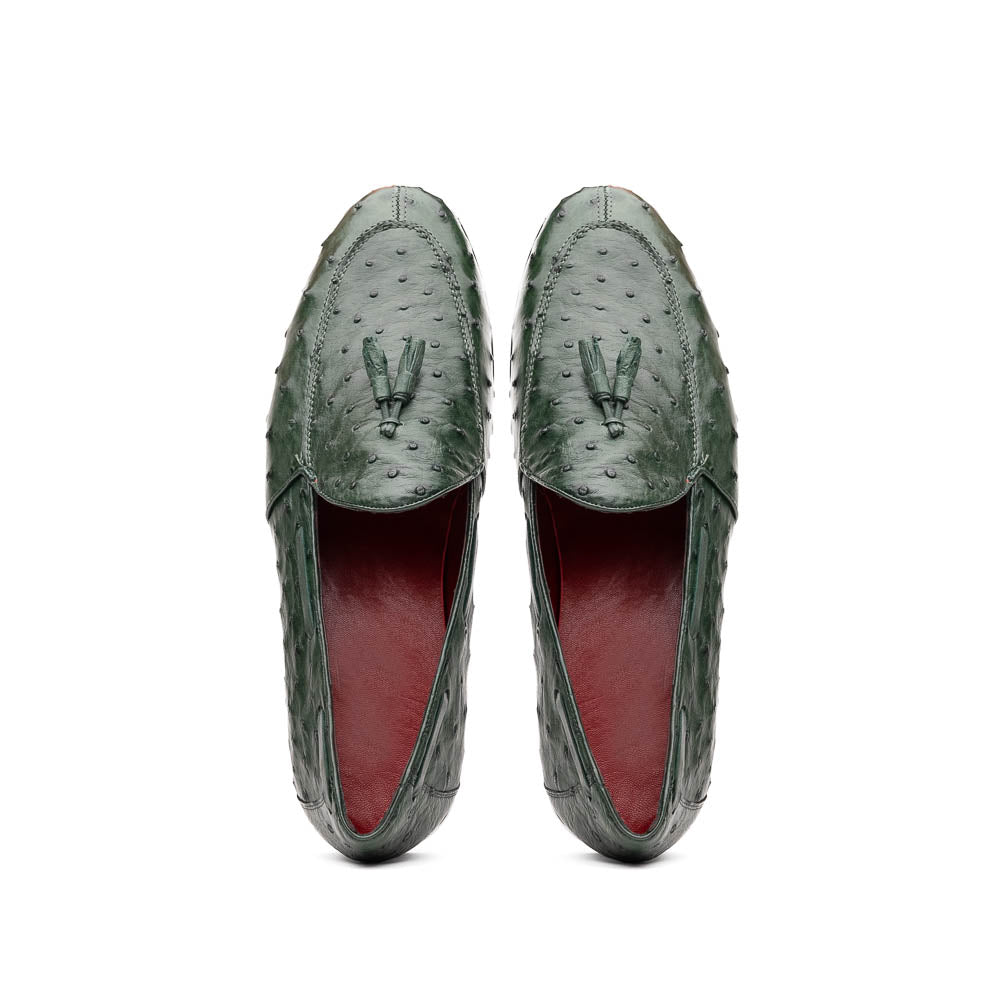 The Marco Di Milano Aubiere Forest Green features luxury ostrich tassel loafers with genuine quill texture, red interior lining, and tan leather soles.