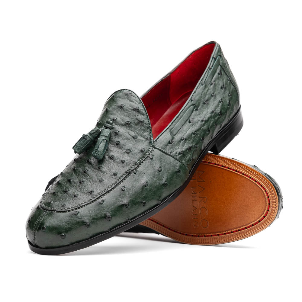 The Marco Di Milano Aubiere Forest Green features luxury ostrich tassel loafers with genuine quill texture, red interior lining, and tan leather soles.