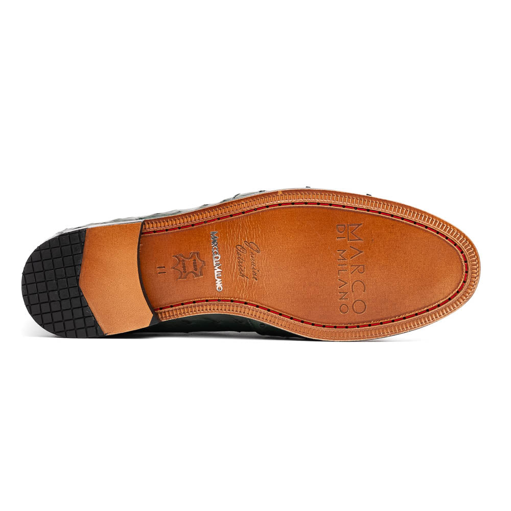 The Marco Di Milano Aubiere Forest Green features luxury ostrich tassel loafers with genuine quill texture, red interior lining, and tan leather soles.