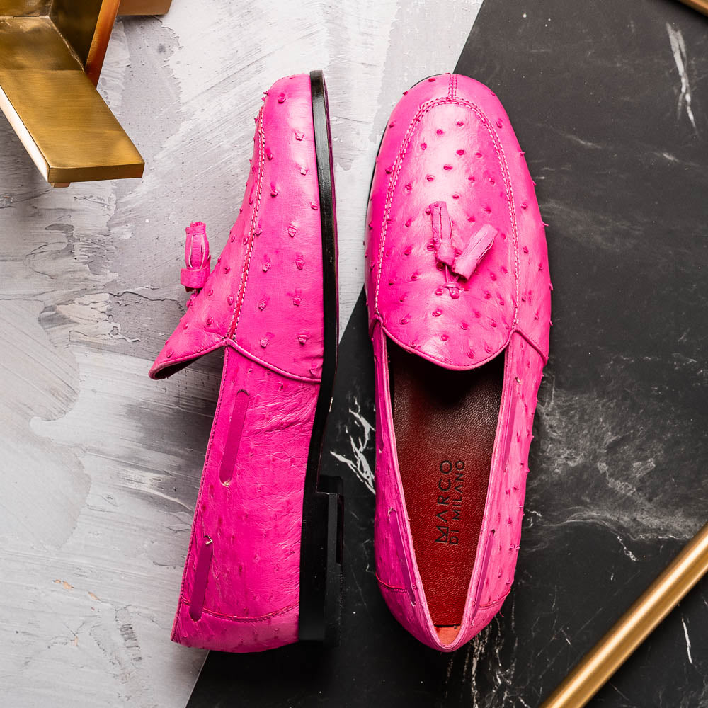 Aubiere Pink by Marco Di Milano: genuine ostrich quill men's tassel loafers in bright pink, with one shoe upright and the other displaying the sole—luxurious footwear that makes a statement.