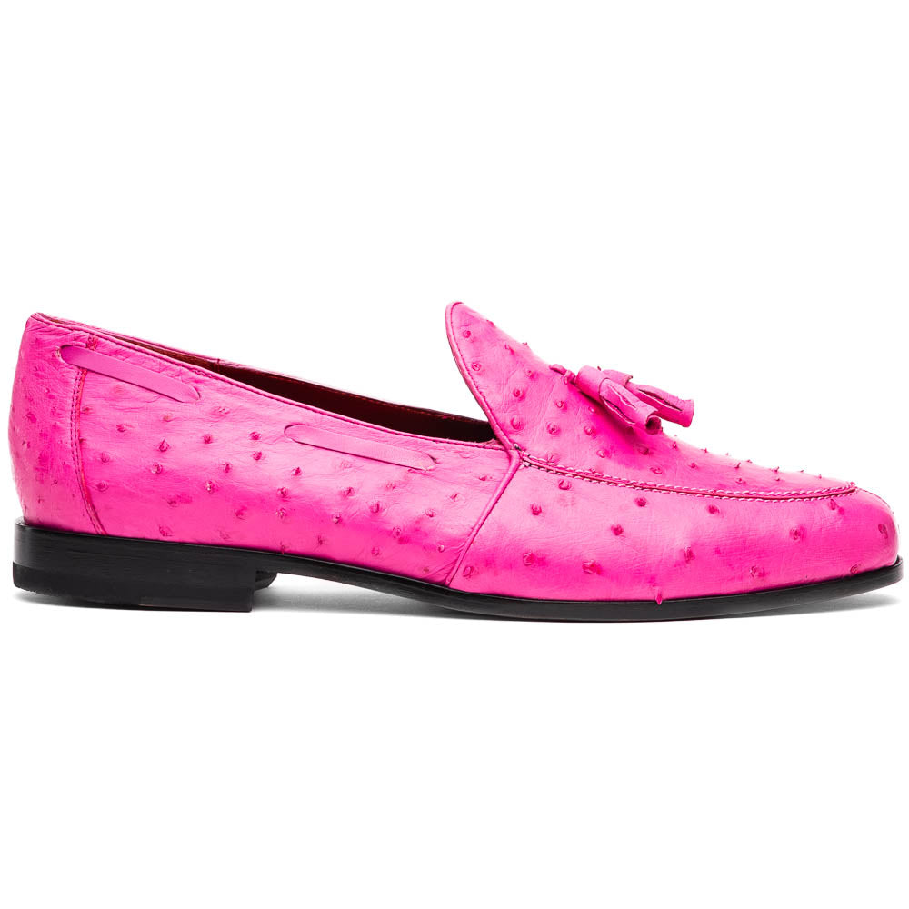 Aubiere Pink by Marco Di Milano: genuine ostrich quill men's tassel loafers in bright pink, with one shoe upright and the other displaying the sole—luxurious footwear that makes a statement.