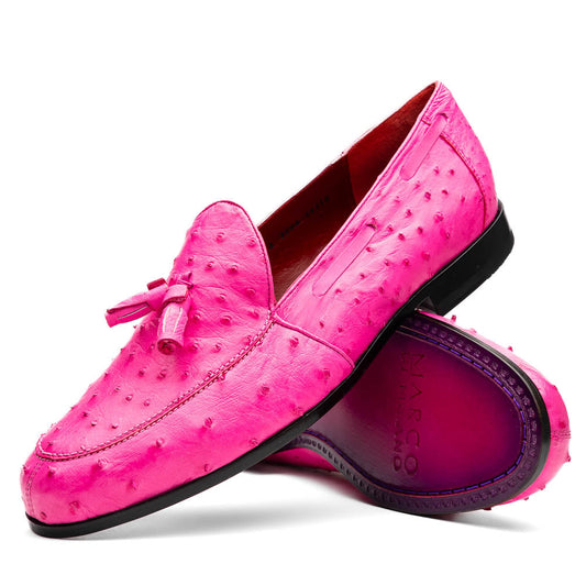 Aubiere Pink by Marco Di Milano: genuine ostrich quill men's tassel loafers in bright pink, with one shoe upright and the other displaying the sole—luxurious footwear that makes a statement.