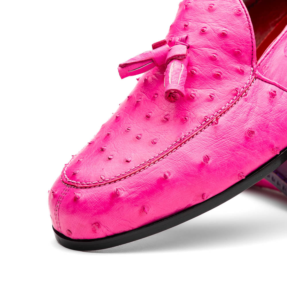 Aubiere Pink by Marco Di Milano: genuine ostrich quill men's tassel loafers in bright pink, with one shoe upright and the other displaying the sole—luxurious footwear that makes a statement.