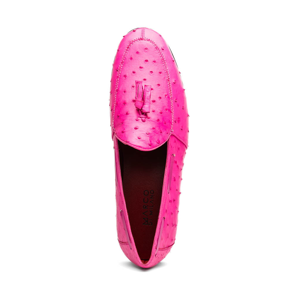 Aubiere Pink by Marco Di Milano: genuine ostrich quill men's tassel loafers in bright pink, with one shoe upright and the other displaying the sole—luxurious footwear that makes a statement.