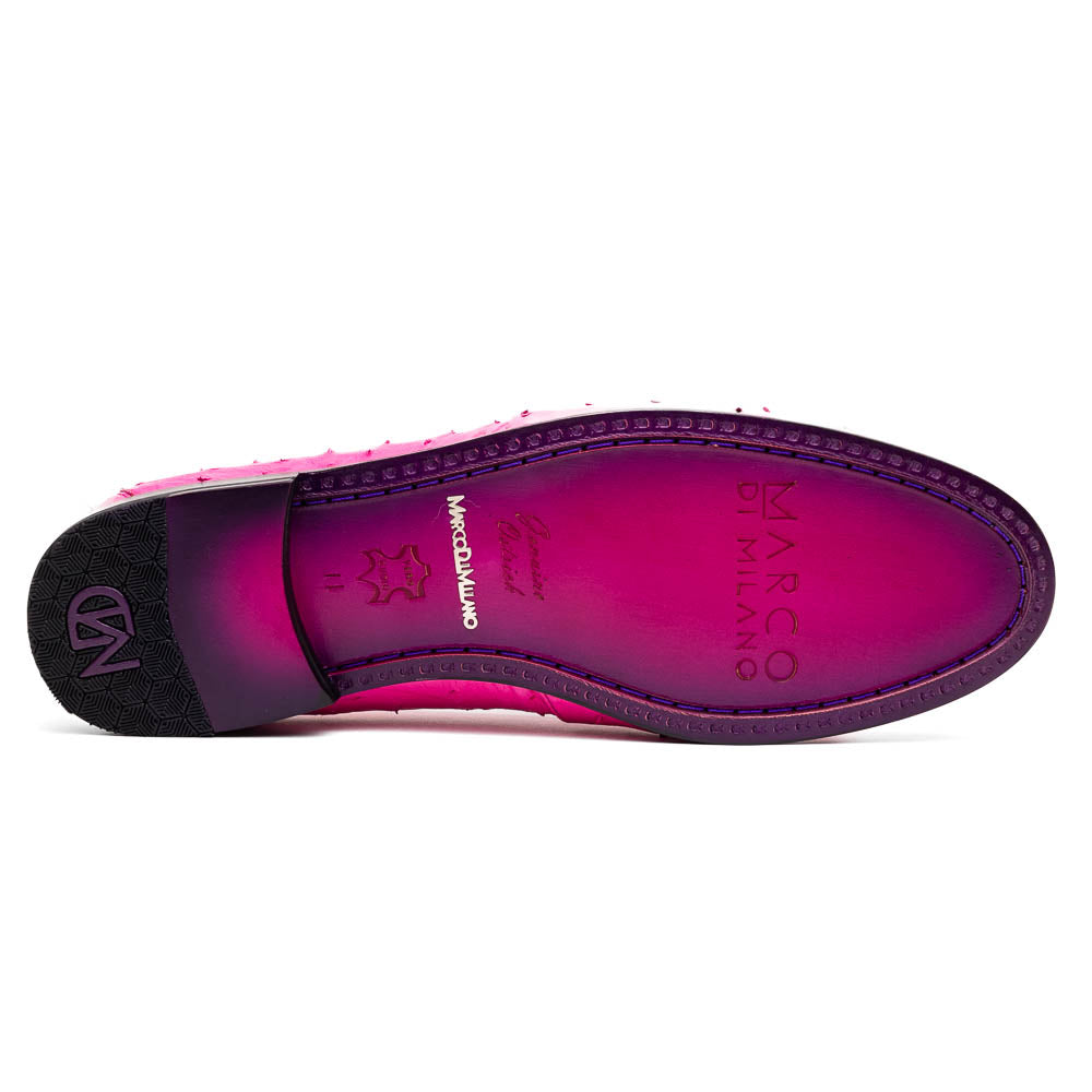 Aubiere Pink by Marco Di Milano: genuine ostrich quill men's tassel loafers in bright pink, with one shoe upright and the other displaying the sole—luxurious footwear that makes a statement.