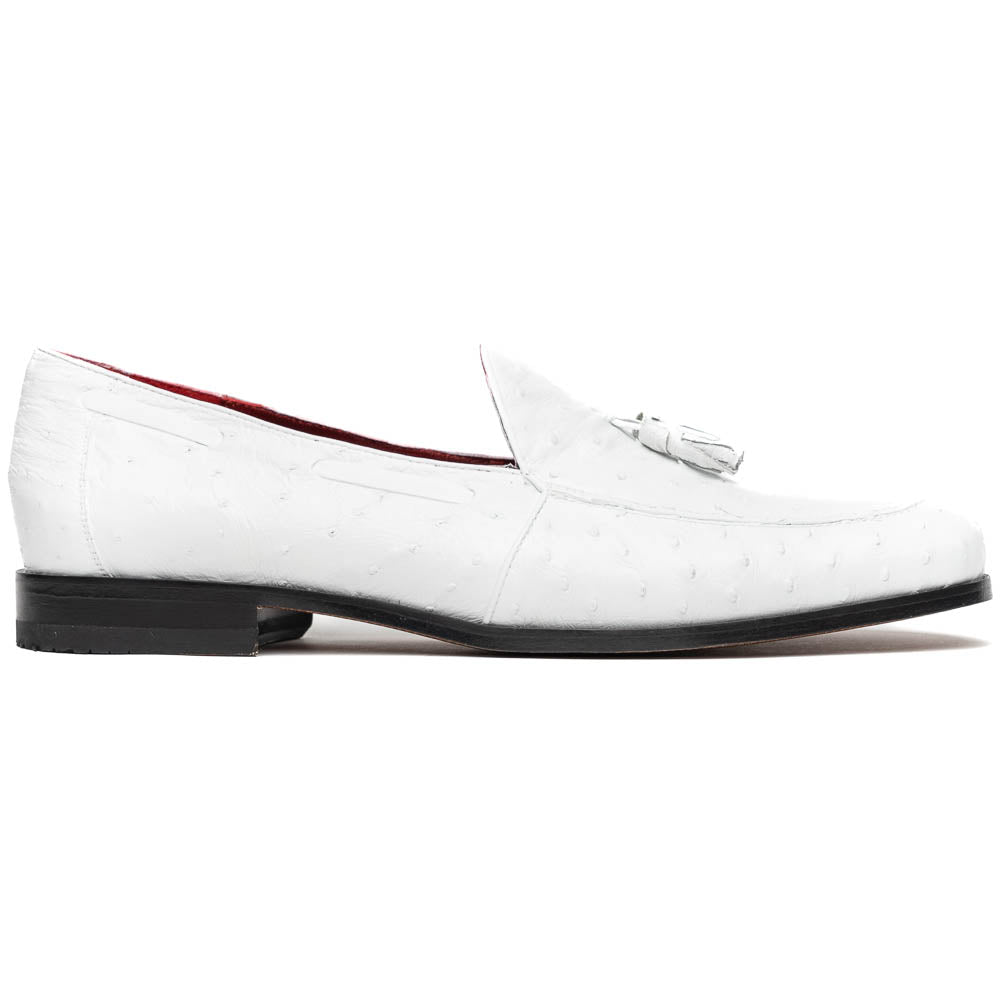 A pair of luxury men’s loafers—Marco Di Milano Aubiere White—crafted in textured white leather with ostrich tassels, red interior lining, tan soles; one shoe rests on its side showing the “Marco Di Milano” logo.