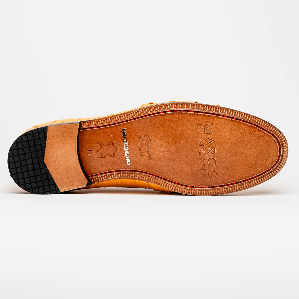 The Aubiere Buttercup by Marco Di Milano are yellow ostrich tassel loafers with red interior lining and branded leather soles, expertly crafted from genuine ostrich, presented against a white background.