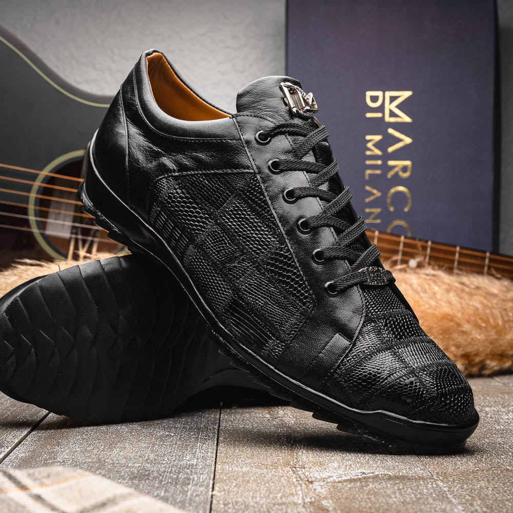 The Bari Black by Marco Di Milano: black leather lace-up dress shoes with textured detailing and a hand-painted finish; one shoe rests against the other to reveal its sole—a true statement in luxury footwear.