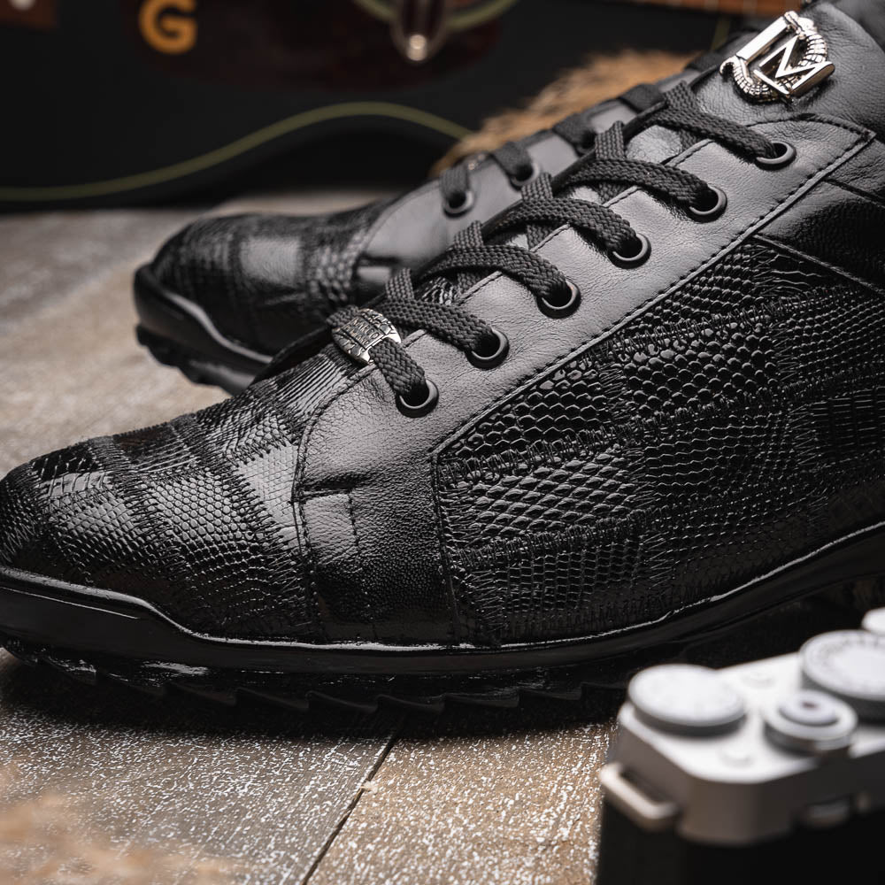 The Bari Black by Marco Di Milano: black leather lace-up dress shoes with textured detailing and a hand-painted finish; one shoe rests against the other to reveal its sole—a true statement in luxury footwear.