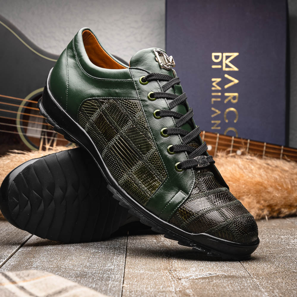 The Bari Green by Marco Di Milano are men’s lace-up dress shoes in dark green and black with a plaid pattern, leather accents, textured rubber soles, and a hand-painted finish for luxurious style.