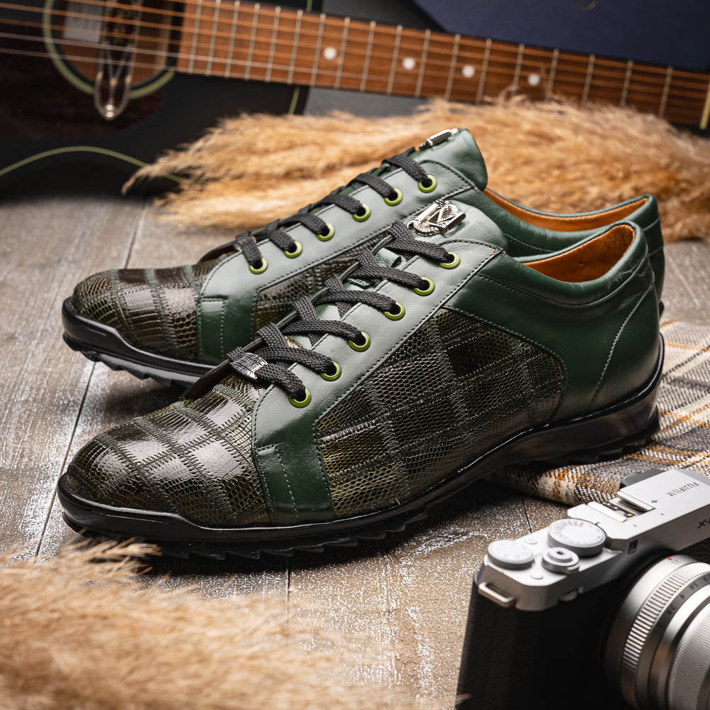 The Bari Green by Marco Di Milano are men’s lace-up dress shoes in dark green and black with a plaid pattern, leather accents, textured rubber soles, and a hand-painted finish for luxurious style.