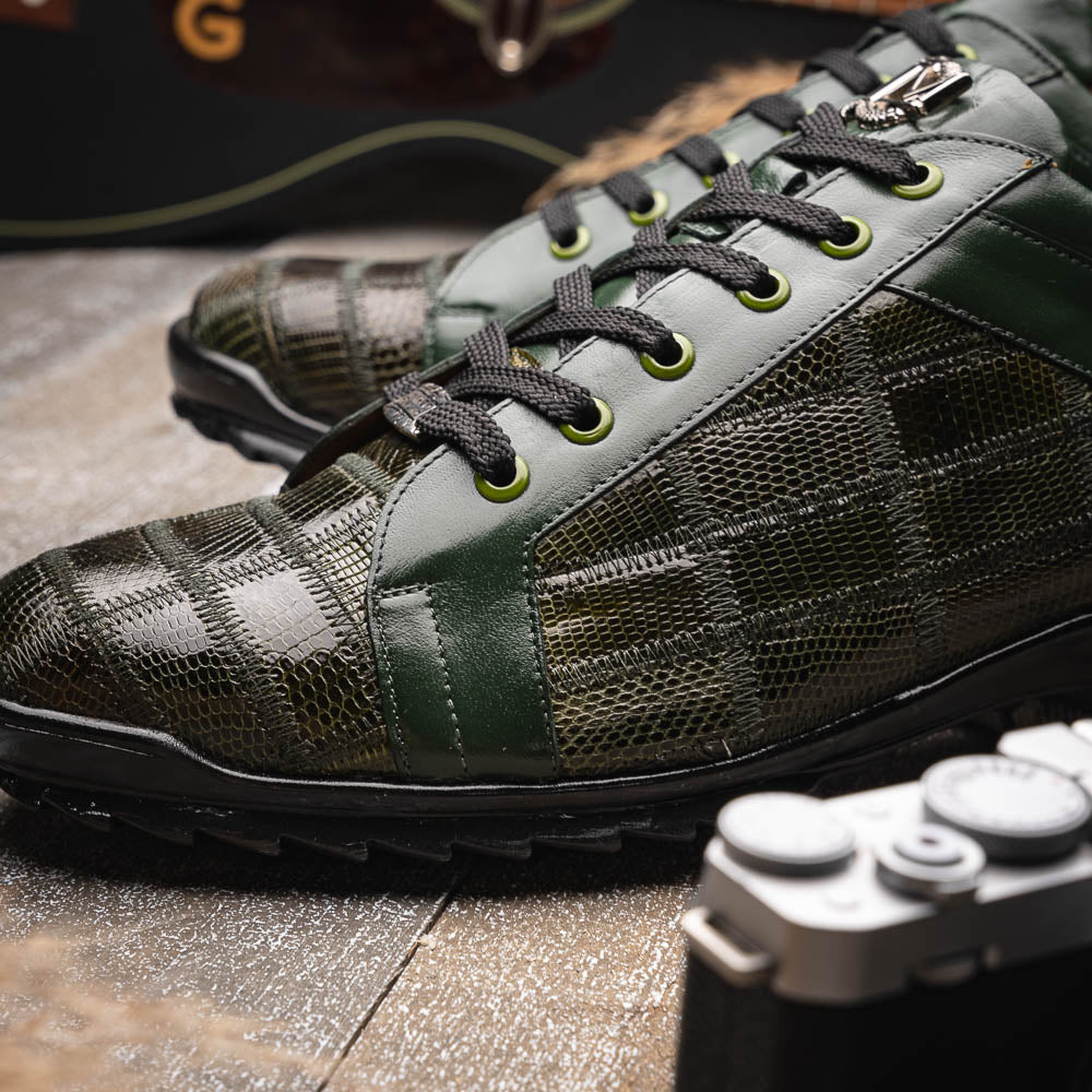 The Bari Green by Marco Di Milano are men’s lace-up dress shoes in dark green and black with a plaid pattern, leather accents, textured rubber soles, and a hand-painted finish for luxurious style.