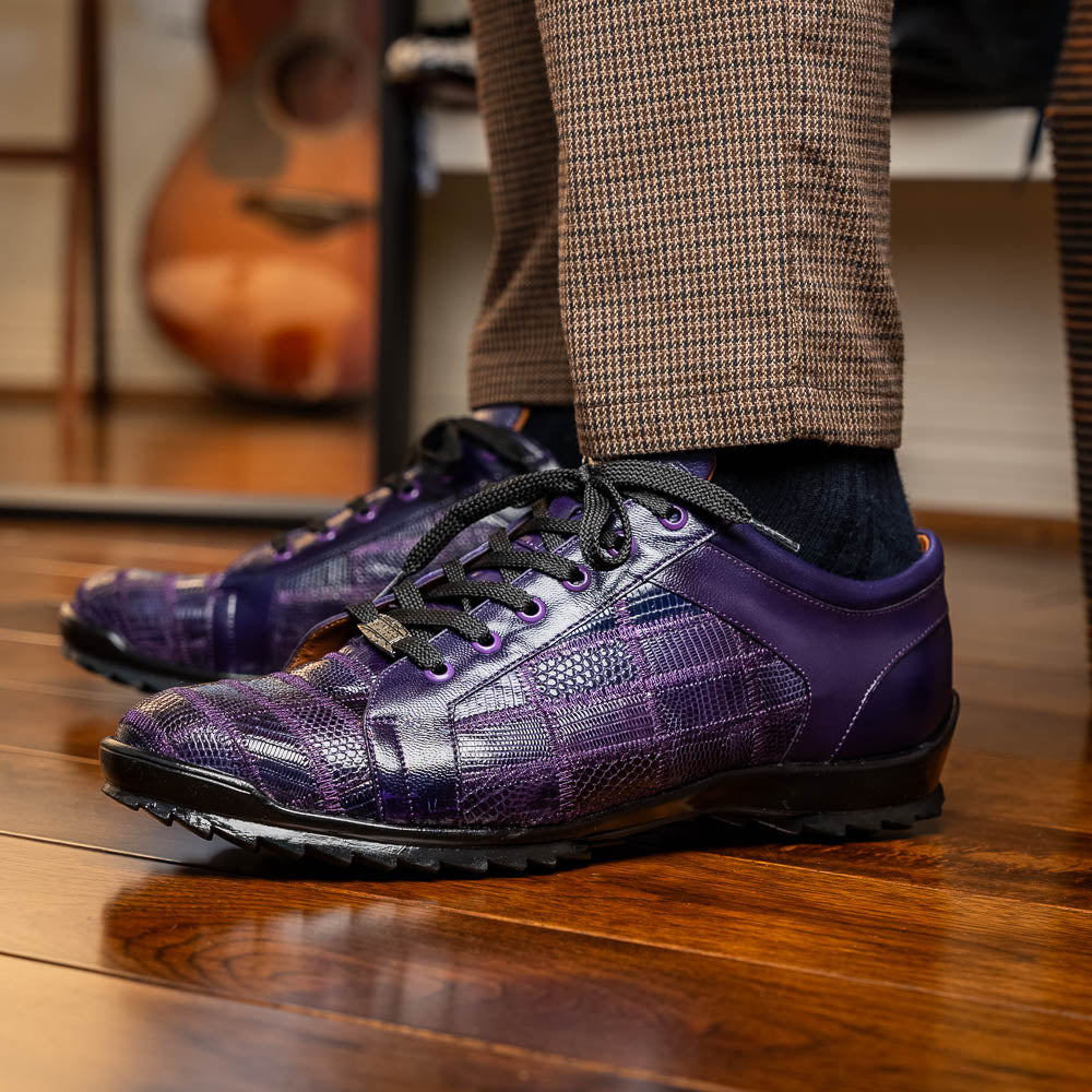 Introducing the Bari Purple men's sneakers by Marco Di Milano—crafted in purple leather with black laces, textured soles, a plaid pattern, metallic lace detail, and a luxurious hand-painted finish.