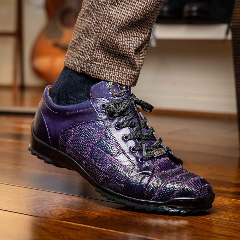 Introducing the Bari Purple men's sneakers by Marco Di Milano—crafted in purple leather with black laces, textured soles, a plaid pattern, metallic lace detail, and a luxurious hand-painted finish.