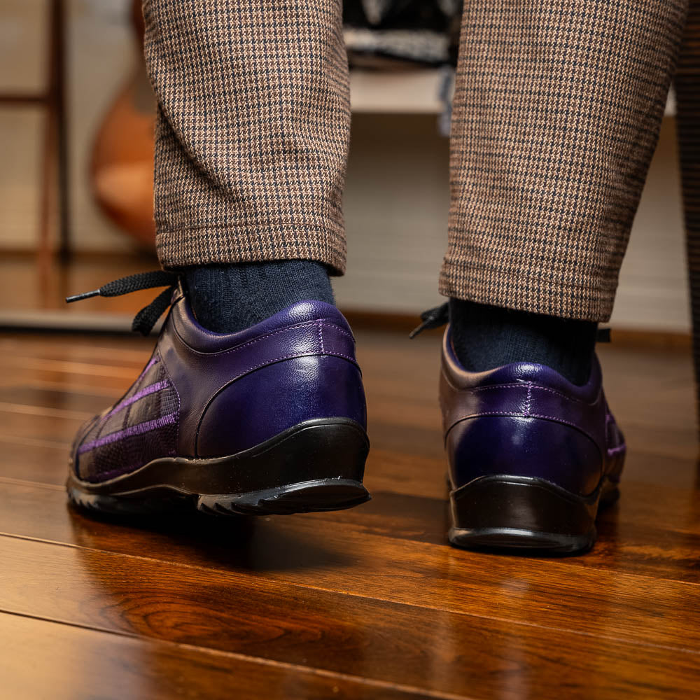 Introducing the Bari Purple men's sneakers by Marco Di Milano—crafted in purple leather with black laces, textured soles, a plaid pattern, metallic lace detail, and a luxurious hand-painted finish.