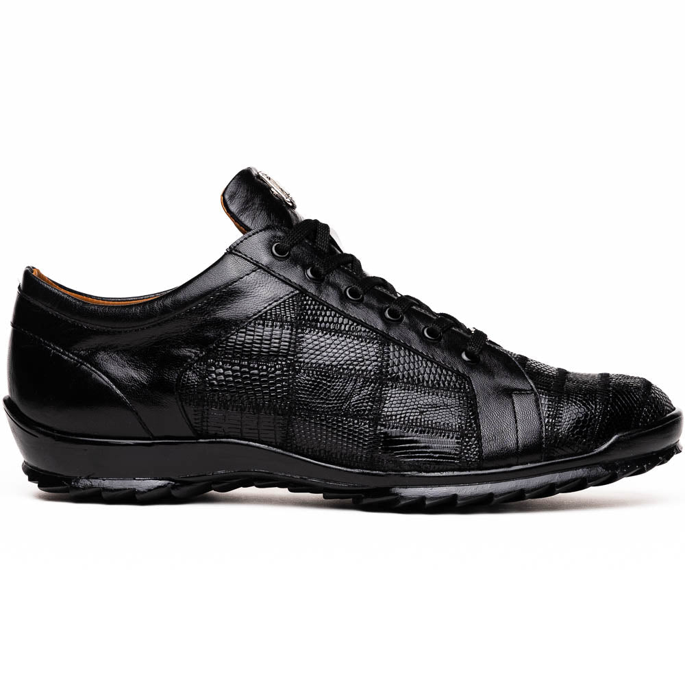 The Bari Black by Marco Di Milano: black leather lace-up dress shoes with textured detailing and a hand-painted finish; one shoe rests against the other to reveal its sole—a true statement in luxury footwear.