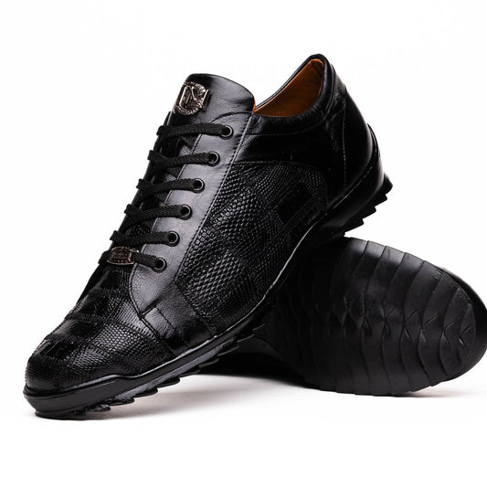The Bari Black by Marco Di Milano: black leather lace-up dress shoes with textured detailing and a hand-painted finish; one shoe rests against the other to reveal its sole—a true statement in luxury footwear.