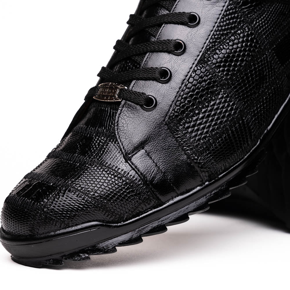 The Bari Black by Marco Di Milano: black leather lace-up dress shoes with textured detailing and a hand-painted finish; one shoe rests against the other to reveal its sole—a true statement in luxury footwear.