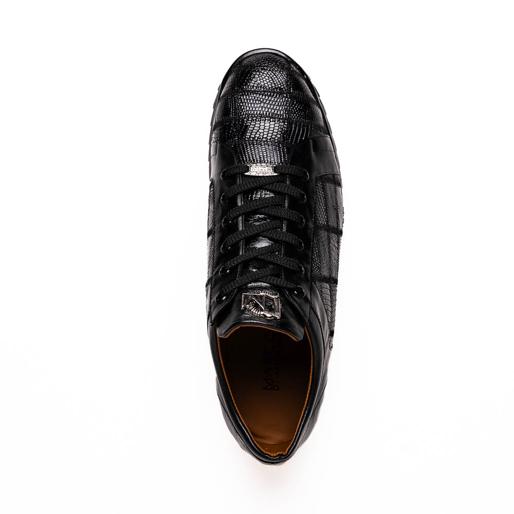 The Bari Black by Marco Di Milano: black leather lace-up dress shoes with textured detailing and a hand-painted finish; one shoe rests against the other to reveal its sole—a true statement in luxury footwear.