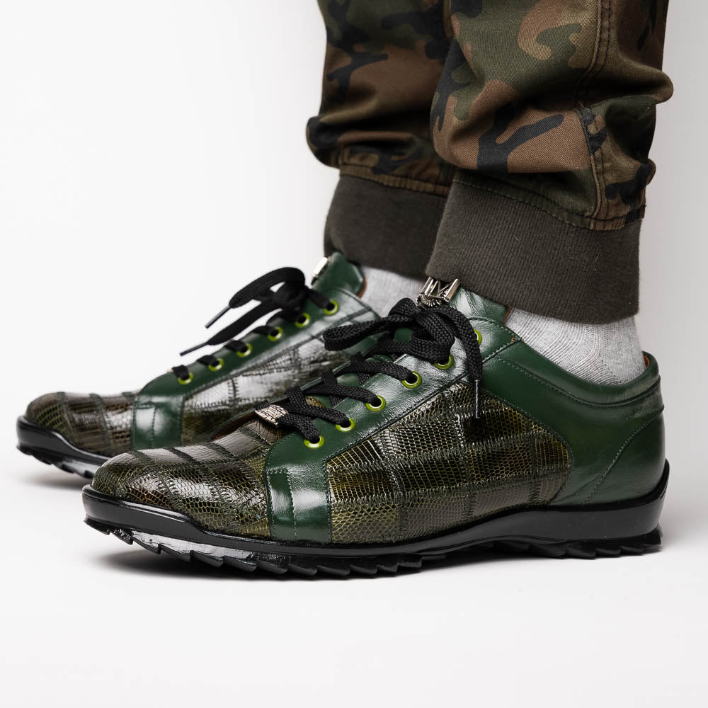 The Bari Green by Marco Di Milano are men’s lace-up dress shoes in dark green and black with a plaid pattern, leather accents, textured rubber soles, and a hand-painted finish for luxurious style.