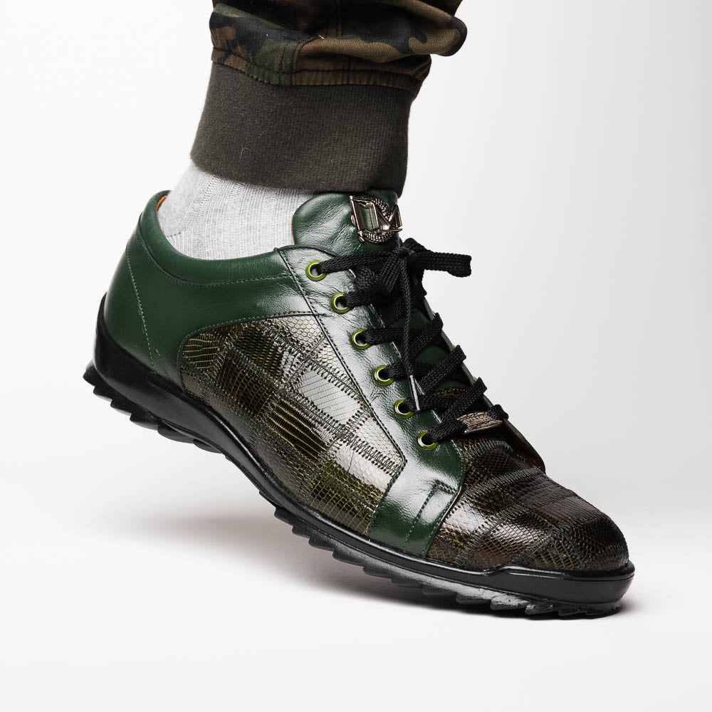 The Bari Green by Marco Di Milano are men’s lace-up dress shoes in dark green and black with a plaid pattern, leather accents, textured rubber soles, and a hand-painted finish for luxurious style.