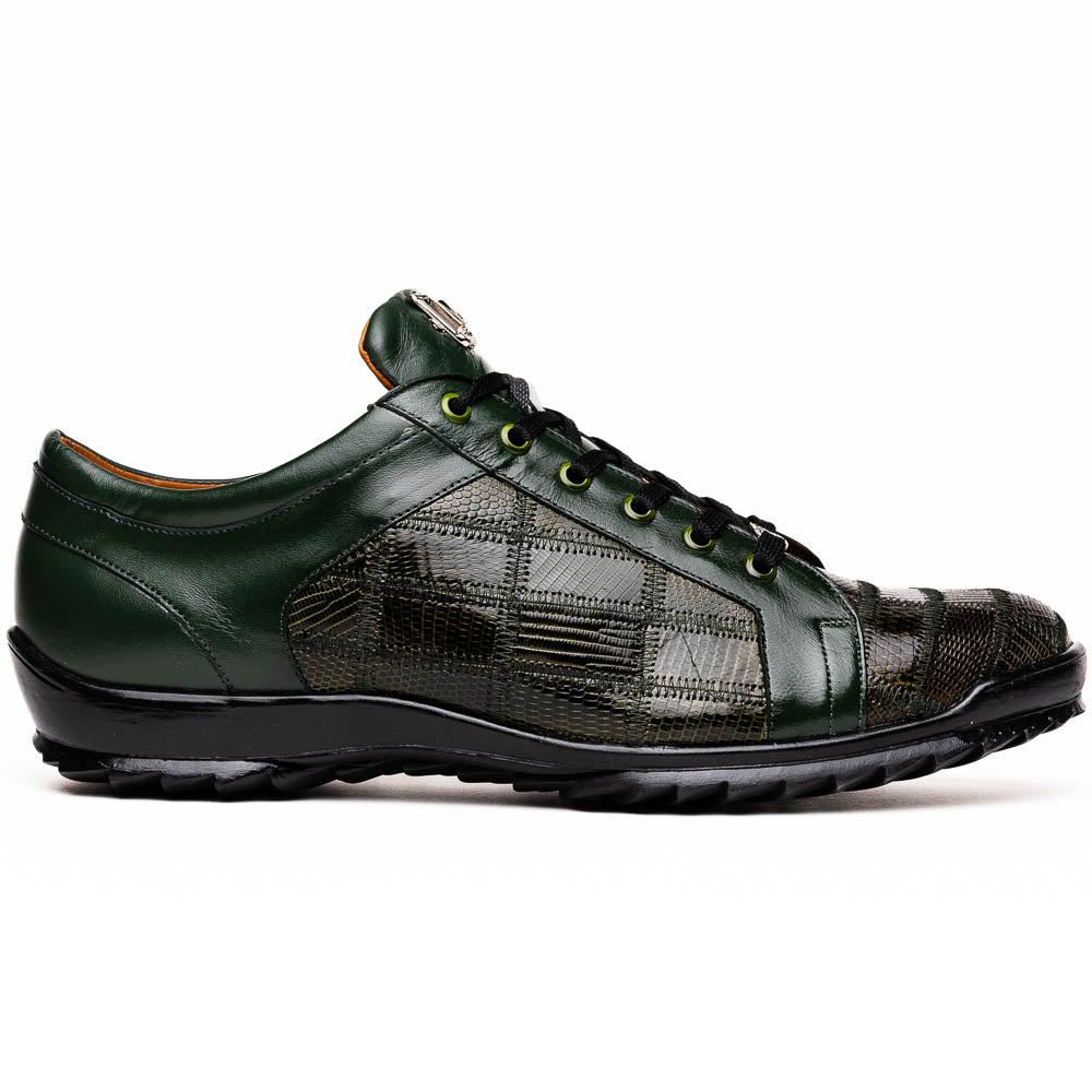 The Bari Green by Marco Di Milano are men’s lace-up dress shoes in dark green and black with a plaid pattern, leather accents, textured rubber soles, and a hand-painted finish for luxurious style.