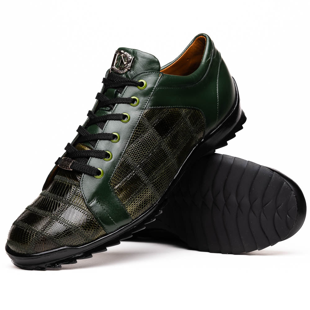The Bari Green by Marco Di Milano are men’s lace-up dress shoes in dark green and black with a plaid pattern, leather accents, textured rubber soles, and a hand-painted finish for luxurious style.
