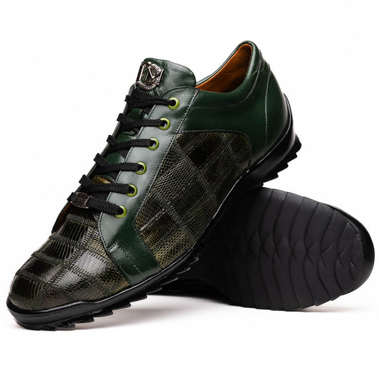 The Bari Green by Marco Di Milano are men’s lace-up dress shoes in dark green and black with a plaid pattern, leather accents, textured rubber soles, and a hand-painted finish for luxurious style.