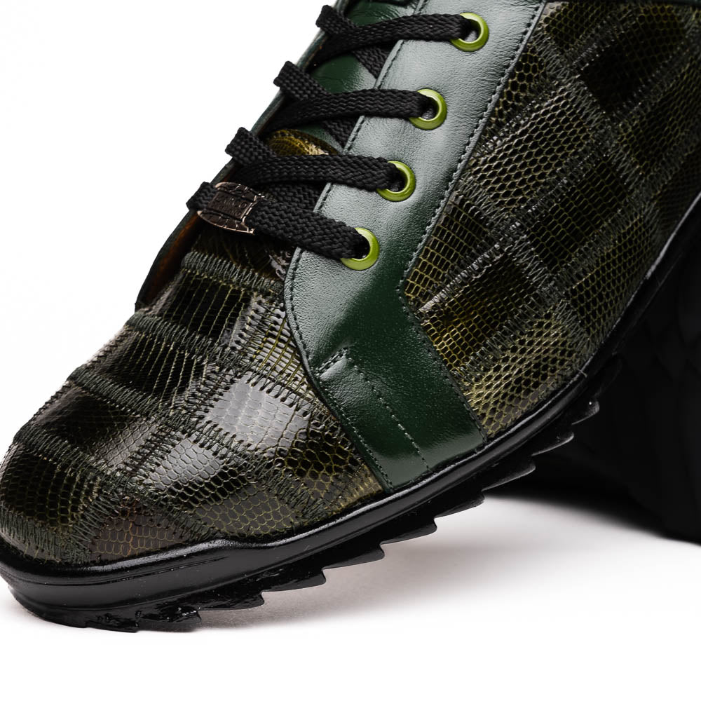 The Bari Green by Marco Di Milano are men’s lace-up dress shoes in dark green and black with a plaid pattern, leather accents, textured rubber soles, and a hand-painted finish for luxurious style.
