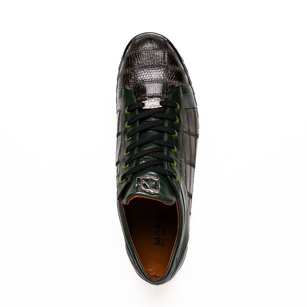 The Bari Green by Marco Di Milano are men’s lace-up dress shoes in dark green and black with a plaid pattern, leather accents, textured rubber soles, and a hand-painted finish for luxurious style.