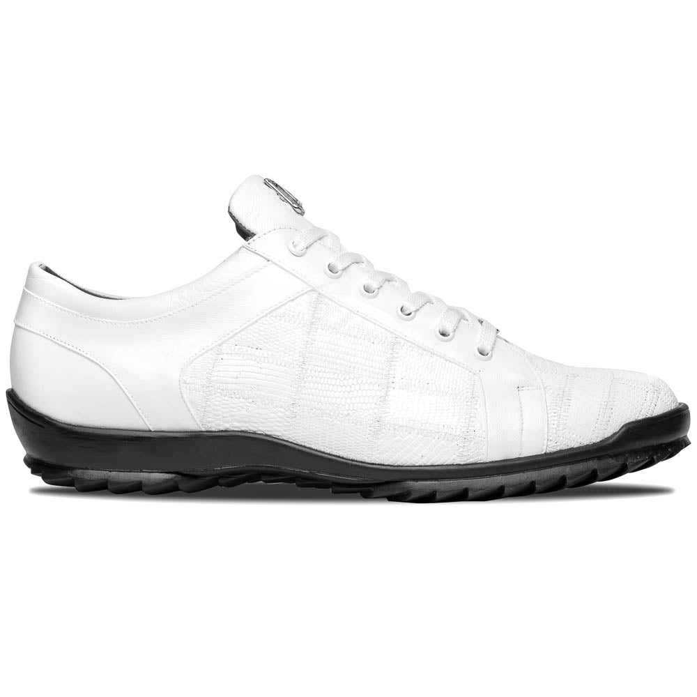 The Bari White by Marco Di Milano: white lace-up sneakers with a textured pattern, black rubber soles, and a metallic logo on the tongue. Displayed upright and angled to show the sole—luxury footwear defined.